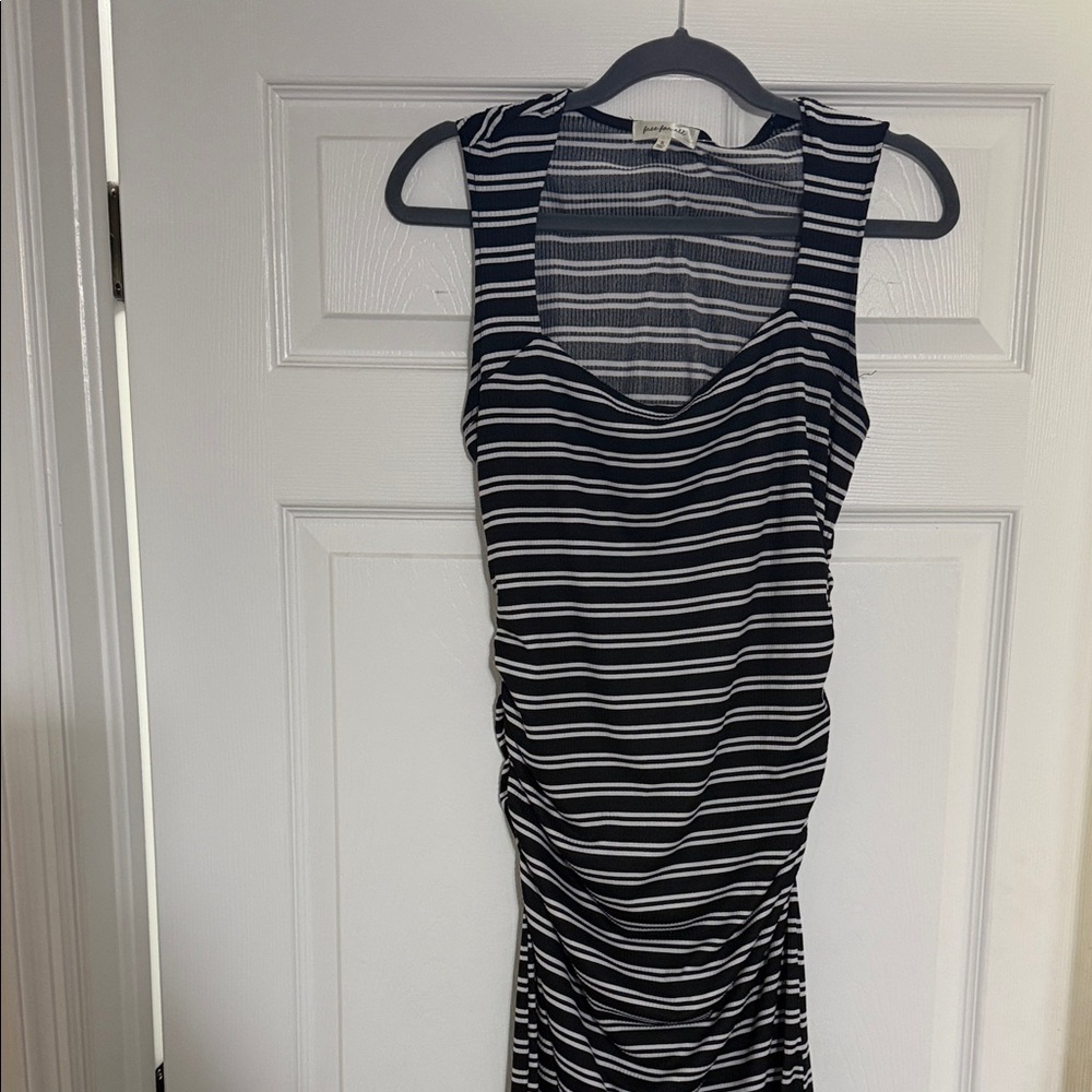 Black White Striped Ruched Side Bodycon Midi Dress Size XL summer dress